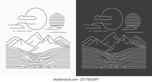 Contemporary mountain wave line art. Abstract vector illustrations highlighting elegant backgrounds with captivating mountain landscapes