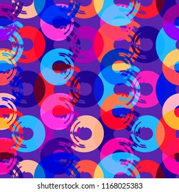 contemporary multicolor circles brush overlap seamless pattern on violet