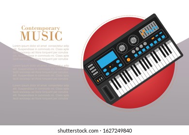 Contemporary music with electronic piano vector illustration. Music creation and modern music equipment poster. Musical synthetizer with typography and text space.