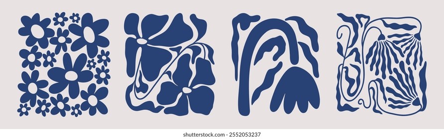 Arte de flor ingênua contemporânea. azulejos abstratos florais com plantas florescentes coloridas, papel de parede decorativo moderno flor primavera. Conjunto de vetores