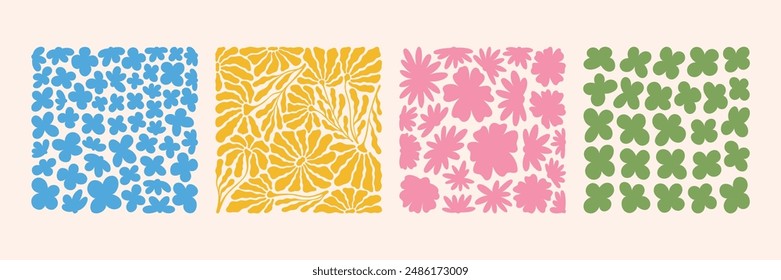 Contemporary naive flower patterns. Doodle 70s trendy style. Groovy floral posters