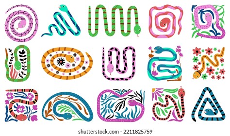 Contemporary nature primitive design. Abstract decorative snakes in trendy style. Creative art tiles, reptile and plants. Decent snake in circle, triangle, square vector shapes