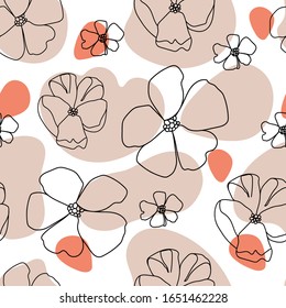 Contemporary nature seamless pattern. One line various flowers and abstract shapes. Texture for textile, packaging, wrapping paper, social media post etc. Vector illustration.