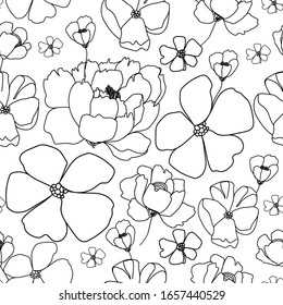 Contemporary nature seamless pattern. One line various flowers. T Vector illustration on white background.