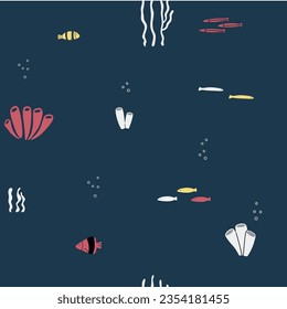 Zeitgenössisches, nahtloses Muster auf dunkelblauem Hintergrund. Untersee-Tierwelt. Modernes Design für Kleidung, Stoff, Papier, Deckel, Innenausstattung. Vektorstruktur. EPS10