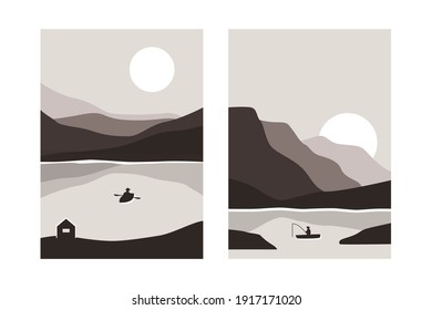 Contemporary nordic landscape posters. Abstract nature backgrounds minimalist scandinavian style. Vector mountains art print