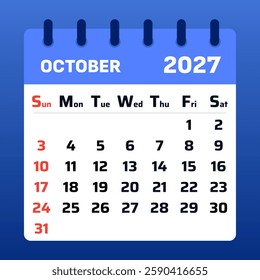 Contemporary October 2027 calendar template with an organized layout. Perfect for tracking events, holidays, and deadlines.