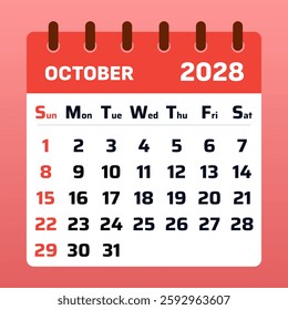 Contemporary October 2028 calendar with a sleek and functional design. Ideal for planning work tasks, personal events, and holiday preparations
