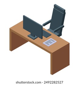 Contemporary office desk featuring desktop computer, keyboard and ergonomic chair