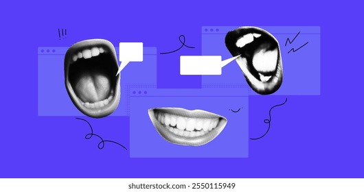 Contemporary online meeting collage with halftone mouth and speech bubbles. Abstract concept of virtual call and remote work. Modern internet network for freelance.