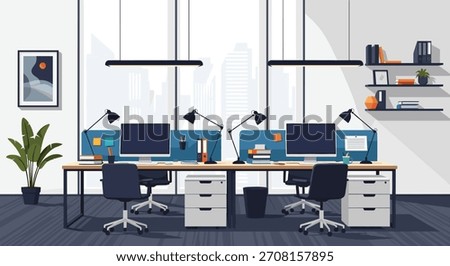 Contemporary open-plan office interior with modern furniture computers and a large window showing a bright city skyline vector design.