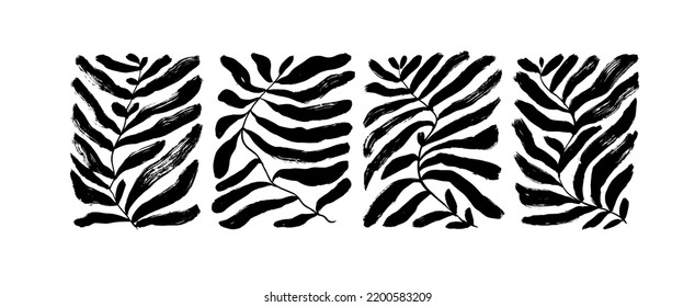 Contemporary organic plant shapes collection. Hand drawn abstract palm leaf in rectangle shapes. Vector black ink illustration with brush strokes. Abstract matisse and naive style of leaves.