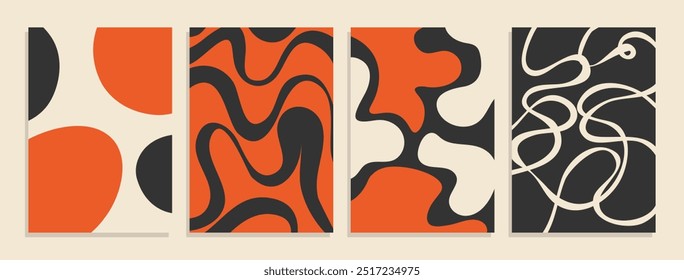 Carteles de Formas orgánicas contemporáneas. Conjunto Abstractas de ilustraciones inspiradas en Halloween con curvas de garabatos. silueta gráfica geométrica minimalista y composición de patrones.