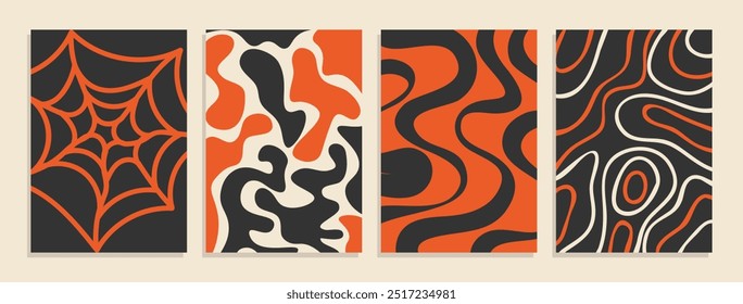 Carteles de Formas orgánicas contemporáneas. Conjunto Abstractas de ilustraciones inspiradas en Halloween con curvas de garabatos. silueta gráfica geométrica minimalista y composición de patrones.