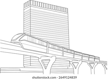 Desenho contemporâneo do sistema Monorail de Mumbai, com um trem elevado e um arranha-céu geométrico, ideal para temas de desenvolvimento urbano, transporte público e paisagens urbanas modernas.
