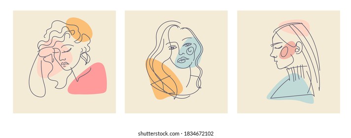 Siluetas femeninas de contorno contemporáneo. Formas coloreadas. Esbozo dibujado a mano ilustraciones vectoriales de moda.Conjunto de tres chicas modernas de caras abstractas.  Línea continua, minimalista. Colores pasteles