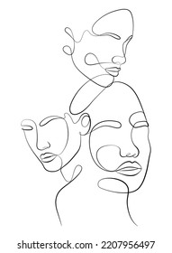 Contemporary outline female silhouettes. Colored shapes. Hand drawn outline trendy vector illustrations.Set of three Modern abstract faces girls. Three faces in one line.