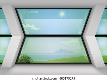 Contemporary panoramic window trapezoid shaped for home or hotel. Modern interior. Transparency of the glass.