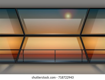 Contemporary panoramic window trapezoid shaped for home or hotel. Modern interior. Transparency of the glass.