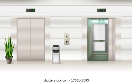 Contemporary passenger or cargo elevators with opened and closed doors 3D design. Modern metallic lifts in empty hall realistic vector illustration
