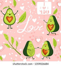 Contemporary pattern with cartoon avocado couple character, avocado in love, lettering, leaves and abstract elements. Vector texture for textile, wrapping paper, scrapbooking, packaging etc.  