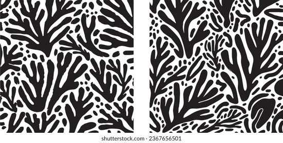 Contemporary Pattern with Corals, Seamless and Brush Drawn. Organic Botanical Shapes in a Modern Abstract Floral Vector. Black Thick Branches as Ornament