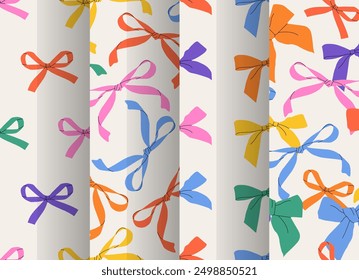 A contemporary pattern set with various rainbow bowknots. 4 groovy vector backgrounds. y2k style. Lgbt friendly. Ribbon bundle. Hair braiding accessory. Ideal for wrapping paper, and, and textiles.