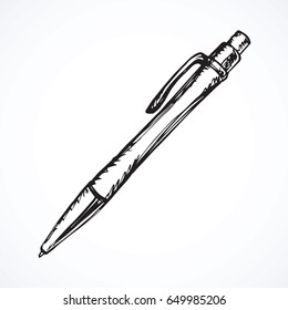Contemporary pen isolated on white backdrop. Freehand linear black color hand drawn picture logo sketchy in artsy scribble engraving style. Closeup view with space for inscription