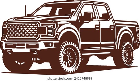 Contemporary pickup truck depicted in a half-turn stencil vector monochrome isolated on white