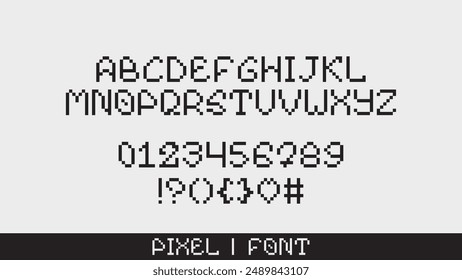 Contemporary Pixel Font. Retro futuristic typeface design in 90s style. Trendy English black alphabet inspired by the 8-bit game. Great for your retro designs.