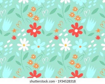 Contemporary polka dot and floral shapes. Seamless pattern set. Mid Century Modern Art design for paper, cover, fabric, interior decor and other uses.