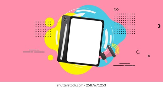 Contemporary pop art collage. Halftone collage with a tablet and phone blank screen mockup, Concept of social media addiction, popularity, influence, modern lifestyle.