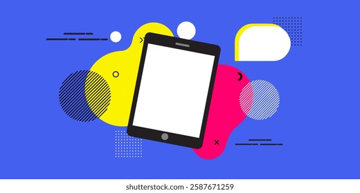 Contemporary pop art collage. Halftone collage with a tablet and phone blank screen mockup, Concept of social media addiction, popularity, influence, modern lifestyle.