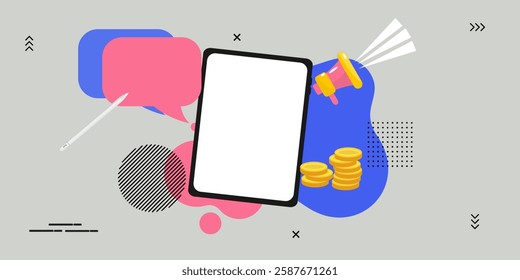 Contemporary pop art collage. Halftone collage with a tablet and phone blank screen mockup, Concept of social media addiction, popularity, influence, modern lifestyle.