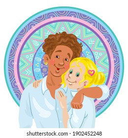 Contemporary portrait of a young happy couple against the backdrop of a round colorful ornament. A man and a woman are hugging. Isolated on white background. Vector flat illustration.