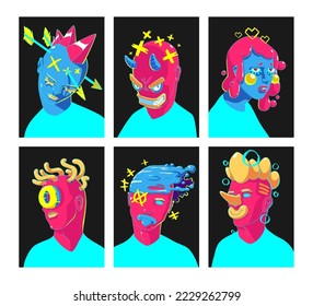 Contemporary portraits, abstract faces modern illustration. Vector design. Creative surreal art of male and female characters with pink or blue skin and strange hairstyle, Cartoon linear graphics set