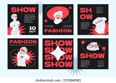 Contemporary post templates with graphic Greek sculptures. Design for advertising fashoin show, event.