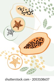 Contemporary poster of contemporary art with papaya. Fruits, whole vegetables, sliced, simple shapes, minimalism. Artistic printing. Vector graphics.