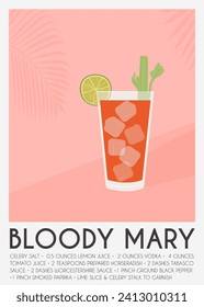 Contemporary poster Bloody Mary cocktail from tomato juice with celery stalk and cutted lime piece. Classic alcoholic beverage recipe. Modern trendy print. Contemporary wall art. Vector illustration.