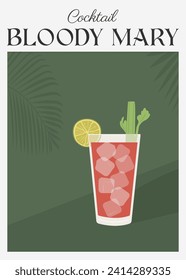 Afiche contemporáneo Bloody Mary cocktail de jugo de tomate con tallo de apio y pieza de cal cortada. Receta clásica de bebidas alcohólicas. Impresión moderna. Arte mural contemporáneo. Ilustración vectorial.