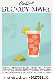 Contemporary poster Bloody Mary cocktail from tomato juice with celery stalk and cutted lime piece. Classic alcoholic beverage recipe. Modern trendy print. Contemporary wall art. Vector illustration.