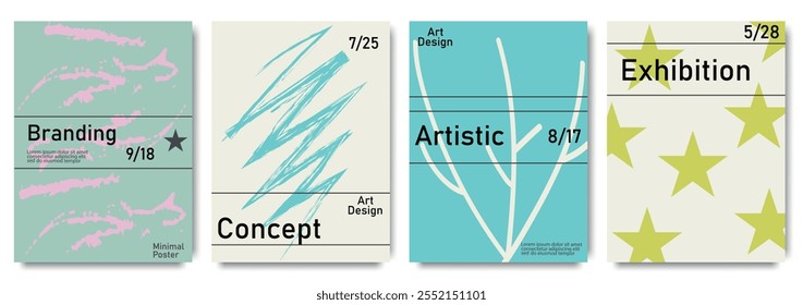 Contemporary poster collection featuring minimalist designs, clean typography, and pastel tones for artistic concepts.Design for celebration, ads, branding, banner, cover, label, poster