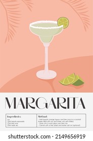 Contemporary poster of Margarita cocktail with lime wedge, cutted lime pieces and tropical palm brunch on the background. Classic alcoholic beverage recipe. Modern trendy print. Vector illustration.