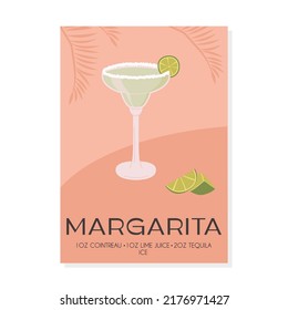 Contemporary poster of Margarita cocktail recipe with lime wedge, cutted lemon pieces and tropical palm shadow on the background. Classic alcoholic beverage. Modern trendy print. Vector illustration.