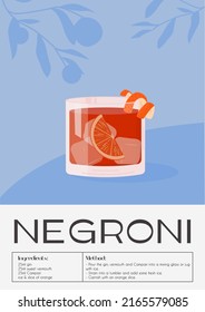 Contemporary Poster Of Negroni Cocktail With Orange Slice And Citrus Peel. Classic Italian Alcoholic Beverage Recipe. Drink In Old Fashioned Glass With Ice. Trendy Retro Placard. Vector Illustration.