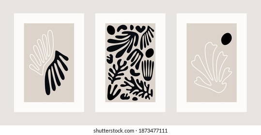 Contemporary Poster Set. Abstract Matisse Inspired Floral Collage, Organic Shapes, Hand Drawn Wall Decor. Vector Illustration