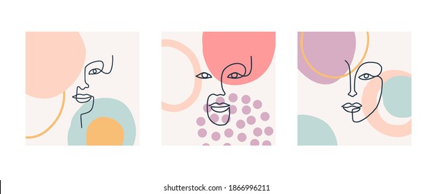 Contemporary poster set with trendy color abstract shapes and one line drawings of beautiful women faces