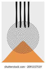Contemporary poster with triangle mountain, ink lines, round sun shape, dots texture. Vector illustration. Modern minimalist art with geometric forms. Abstract nature balance, egyptian pyramids