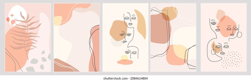 Contemporary poster with women's faces, hand-drawn in one line with simple shapes, plant.   Abstract minimalistic females with different emotions. Concept beauty, feminism, equality. Vector graphics.