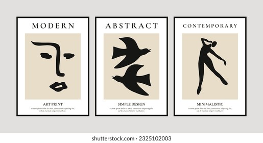 Contemporary posters. Abstract minimalistic print design with face birds body shapes, trendy matisse inspired wall decor. Vector set